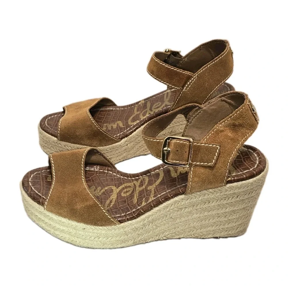 Sam Edelman Brown Suede Espadrille Wedge Sandals Ankle Strap Women's Size 9